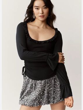 NWT Anthropologie Maeve Black Ruffle Scoop Neck Long-Sleeve Top